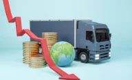 Crisis Entrega Global Concepto Problema Logistico Pilas Monedas Oro Camion Gris Diseno Planeta Tierra Sobre Fondo Azul 3D Renderizado 670147 108