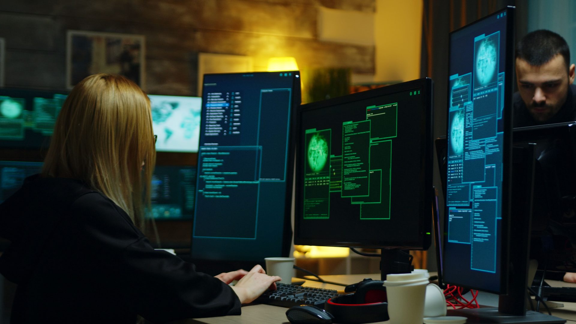 Beautiful Hacker Girl Working With Another Dangerous Cyber Criminals Hackers Centre (1)