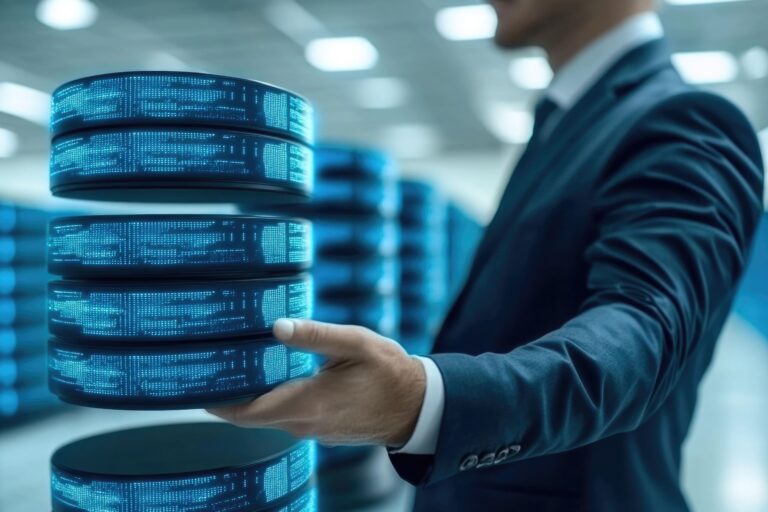 businessman interacting with futuristic digital data storage modern server room