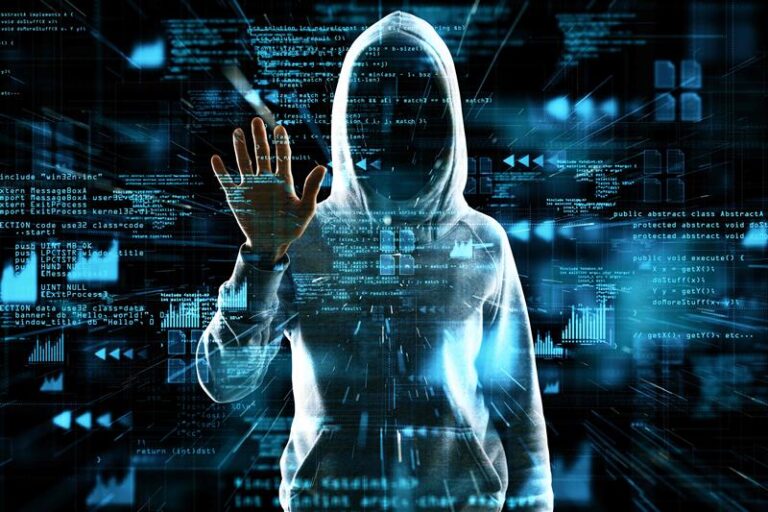 hacker using glowing hacking hologram blurry dark background crypto security criminal concept double exposure